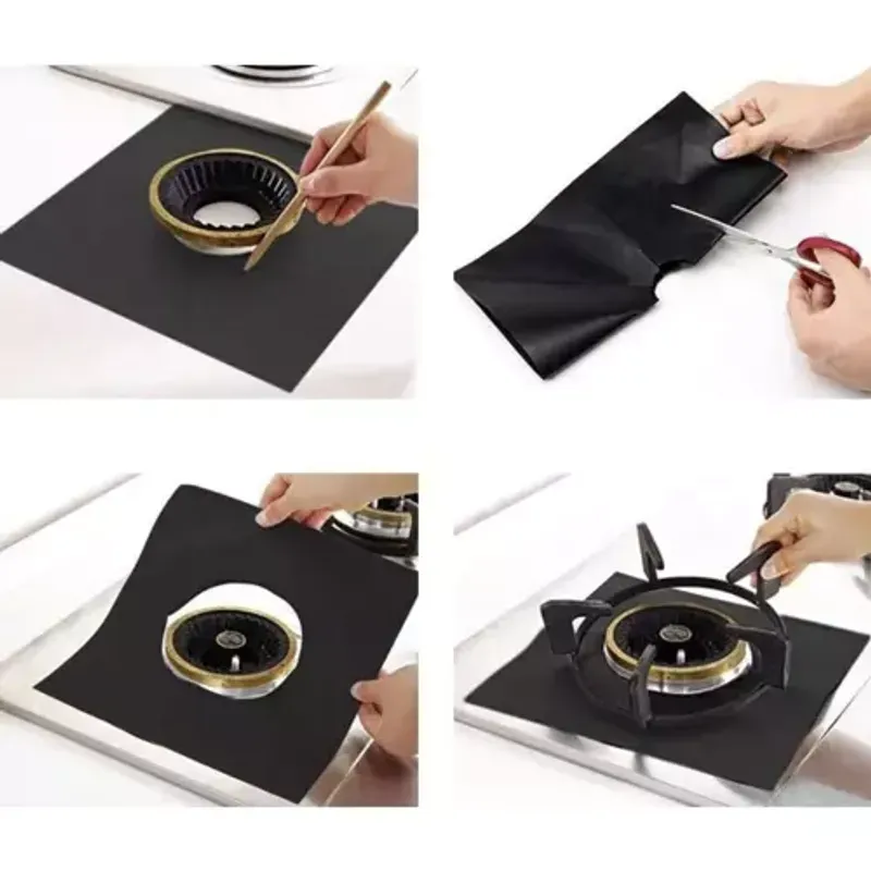 Electronice si Electrocasnice - Aragazuri, cuptoare si hote - Accesorii aragazuri, cuptoare si hote - Accesorii aragazuri - Set de 4 Protectii pentru Arzatoare, Negru, Diametru Reglabil 4.5 - 11.5 cm, 27x27 cm - Infinity.ro