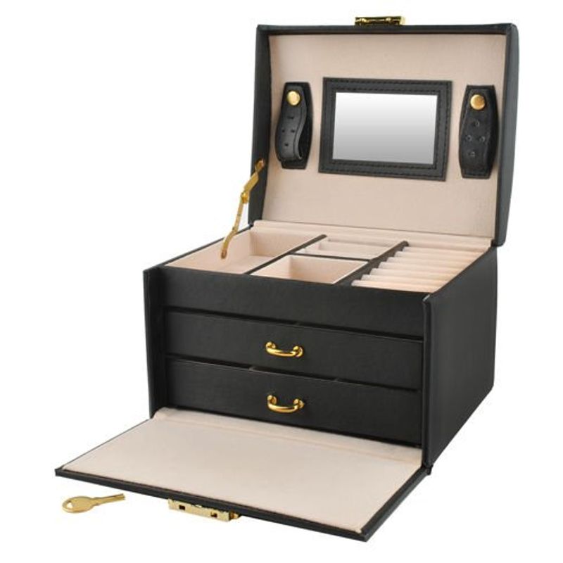 Fashion, accesorii si bijuterii - Femei - Bijuterii femei - Cutii bijuterii - Cutie de Bijuterii Eleganta, Negru, PU+MDF, Dimensiuni 17.5x13.8x13.5cm, Design Compact cu Cheie - Infinity.ro