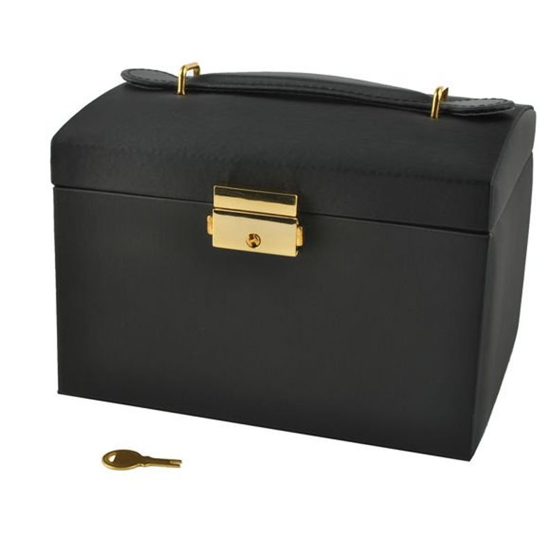 Fashion, accesorii si bijuterii - Femei - Bijuterii femei - Cutii bijuterii - Cutie de Bijuterii Eleganta, Negru, PU+MDF, Dimensiuni 17.5x13.8x13.5cm, Design Compact cu Cheie - Infinity.ro