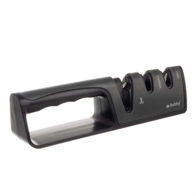 Casa si Gradina - Bucatarie si vesela - Ustensile bucatarie - Ascutitoare cutite - Ascutoare de Cutite Ceramica Ruhhy, 3 Nivele de Ascutire, Antiderapant, Negru si Gri, 20.5x4x5.3 cm - Infinity.ro