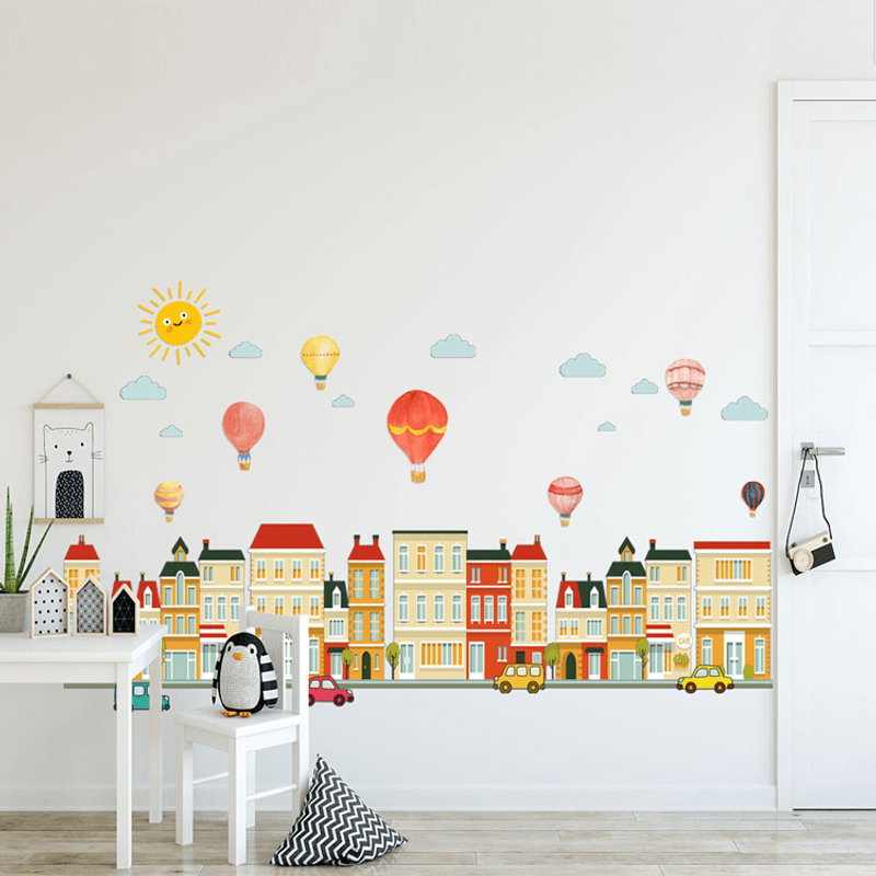 Casa si Gradina - Decoratiuni - Stickere decorative - Sticker Decorativ Baloane si Cladiri 120 x 80 cm G Glixicom® - Infinity.ro
