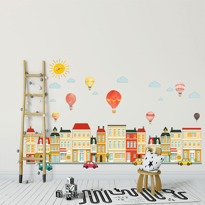 Casa si Gradina - Decoratiuni - Stickere decorative - Sticker Decorativ Baloane si Cladiri 120 x 80 cm G Glixicom® - Infinity.ro