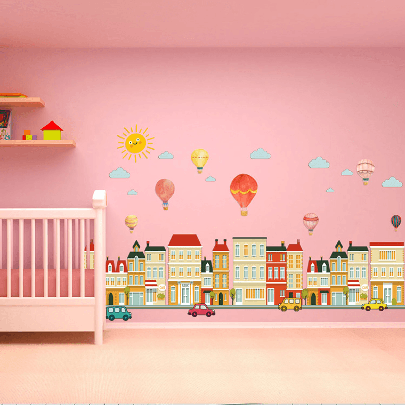 Casa si Gradina - Decoratiuni - Stickere decorative - Sticker Decorativ Baloane si Cladiri 120 x 80 cm G Glixicom® - Infinity.ro
