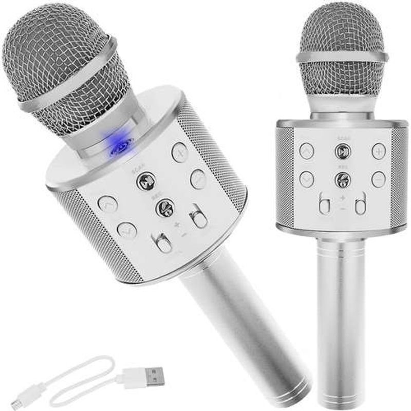TV, Audio-Video si Foto - Accesorii TV si audio - Microfoane - Microfon de Karaoke Argintiu, Conectivitate Bluetooth 4.0, Baterie Incorporata 1200 mAh, cu Cablu USB - Infinity.ro