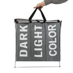 Casa si Gradina - Sanitare - Suporturi si accesorii baie - Accesorii baie - Cos de Rufe Impermeabil cu 3 Compartimente pe Cadru Pliabil, Aluminiu si Tesatura Oxford, 64.5x58x36.5cm, Gri - Infinity.ro
