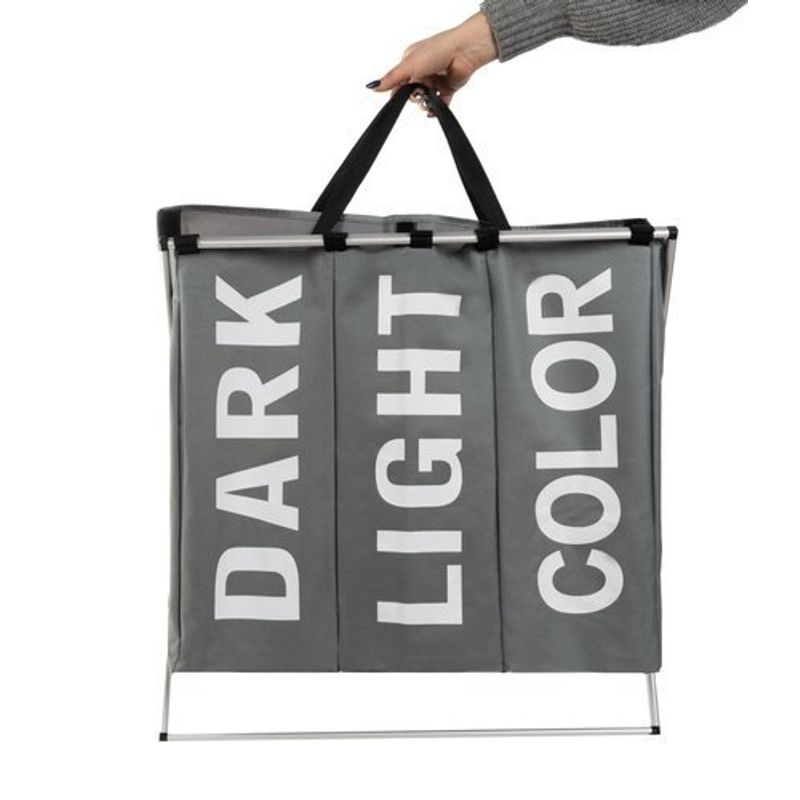Casa si Gradina - Sanitare - Suporturi si accesorii baie - Accesorii baie - Cos de Rufe Impermeabil cu 3 Compartimente pe Cadru Pliabil, Aluminiu si Tesatura Oxford, 64.5x58x36.5cm, Gri - Infinity.ro