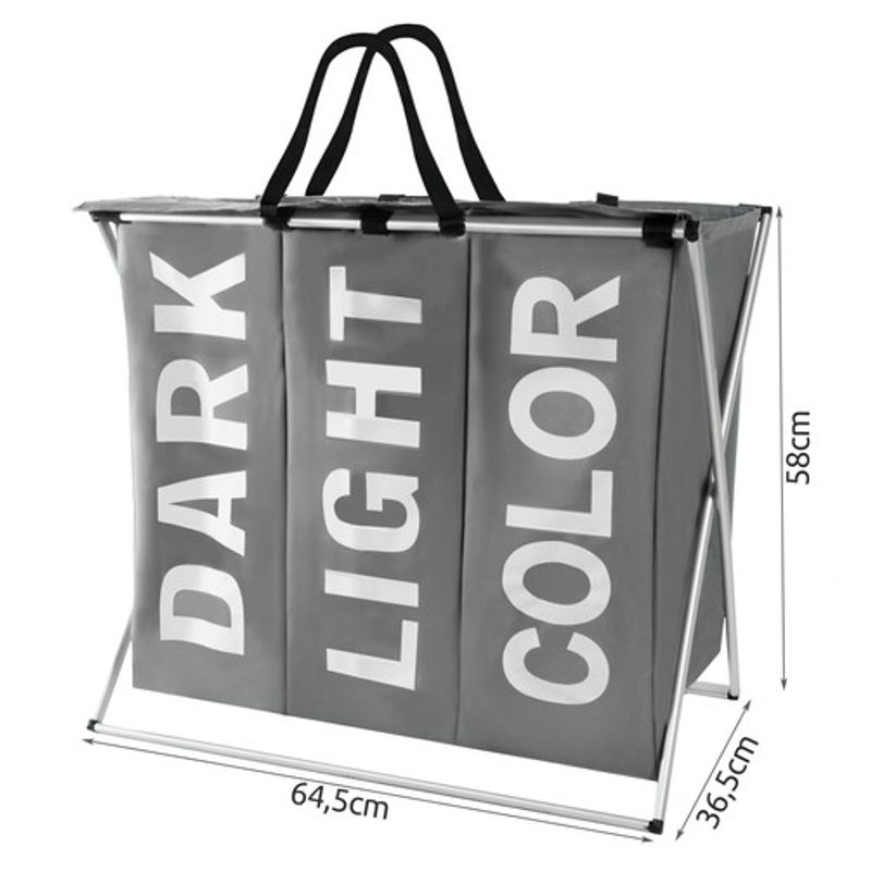 Casa si Gradina - Sanitare - Suporturi si accesorii baie - Accesorii baie - Cos de Rufe Impermeabil cu 3 Compartimente pe Cadru Pliabil, Aluminiu si Tesatura Oxford, 64.5x58x36.5cm, Gri - Infinity.ro