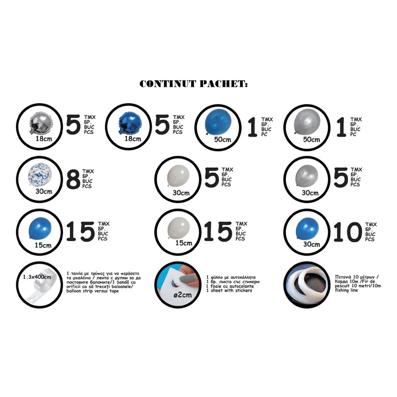 Casa si Gradina - Decoratiuni - Decoratiuni petrecere - Baloane - Set 70 Baloane pentru Arcada Albastru Alb si Argintiu cu Confetti G Glixicom® - Infinity.ro