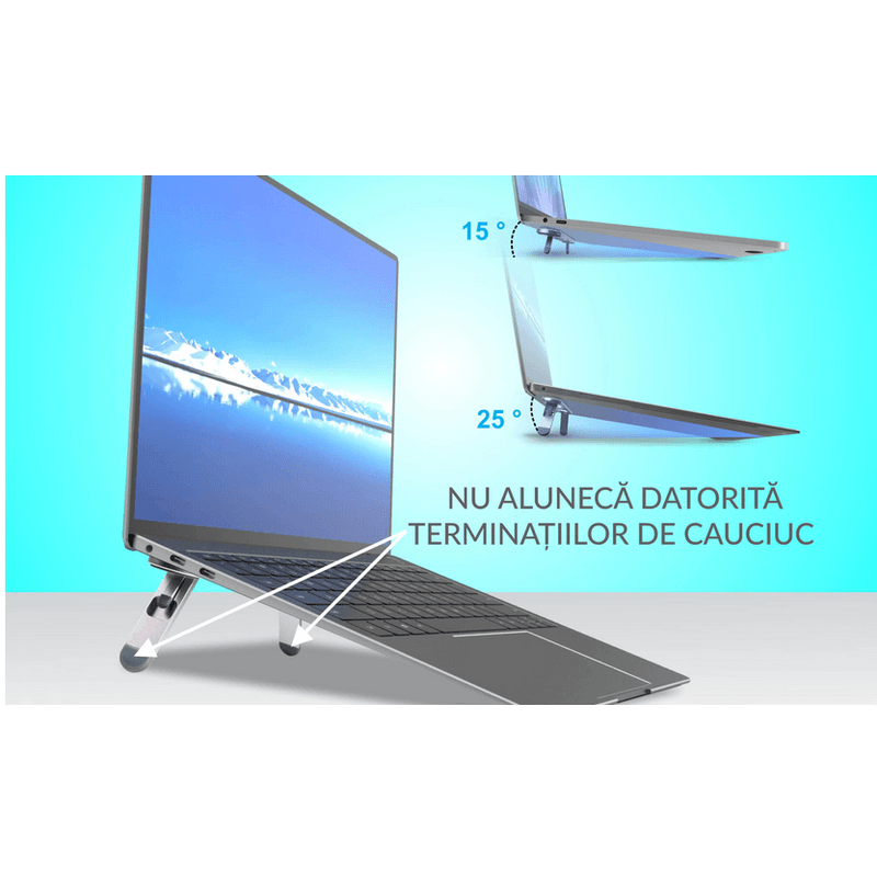 Laptop, Telefoane si Tablete - Laptopuri si accesorii - Accesorii Laptop - Standuri/Coolere notebook - Suport din Aluminiu Pliabil si Portabil Autoadeziv  pentru Laptop cu Inaltime Reglabila pe 4 Nivele G Glixicom® - Infinity.ro