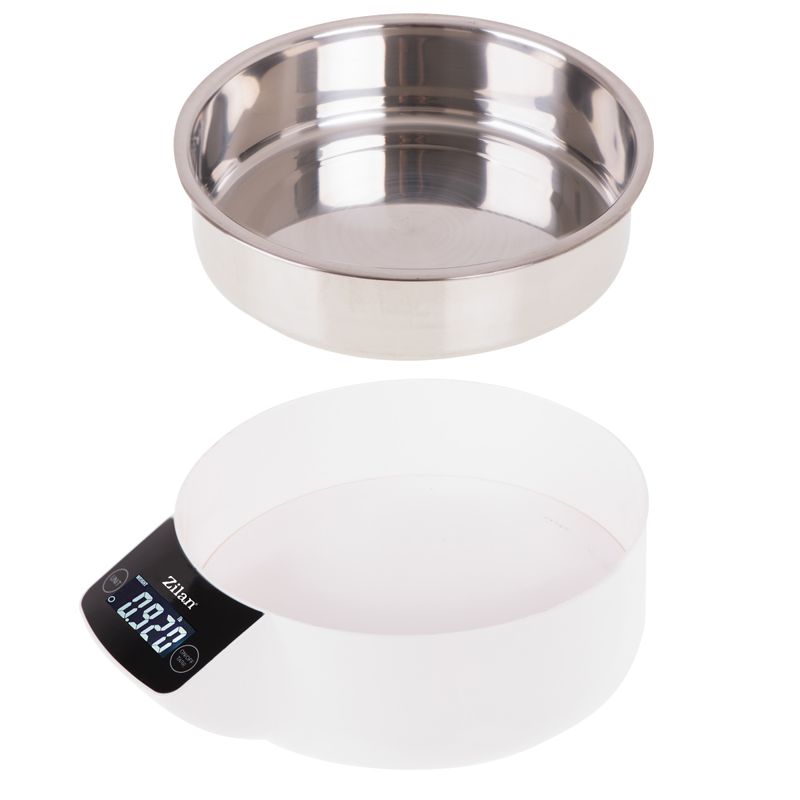 Electronice si Electrocasnice - Electrocasnice bucatarie - Mixere, tocatoare & roboti de bucatarie - Cantare de bucatarie - Cantar alimentar Zilan ZLN2977 Alb, ecran digital, bol de 900ml, capacitate maxima de 5 kg - Infinity.ro