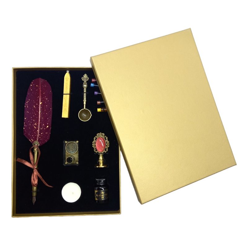 Carti si Birotica - Birotica - Instrumente de scris - Pixuri si stilouri - Set stilou cu pana rosie, Ceara pentru Sigiliu, Stampila, Lingurita, 5 Penite si Suport - Infinity.ro