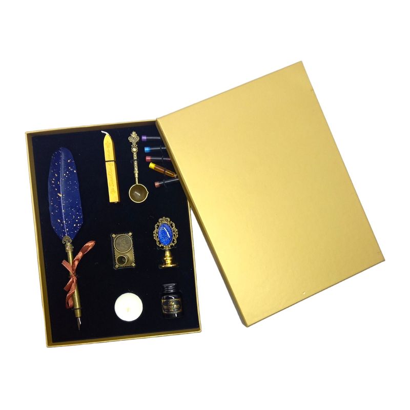 Carti si Birotica - Birotica - Instrumente de scris - Pixuri si stilouri - Set stilou cu pana albastra, Ceara pentru Sigiliu, Stampila, Lingurita, 5 Penite si Suport - Infinity.ro