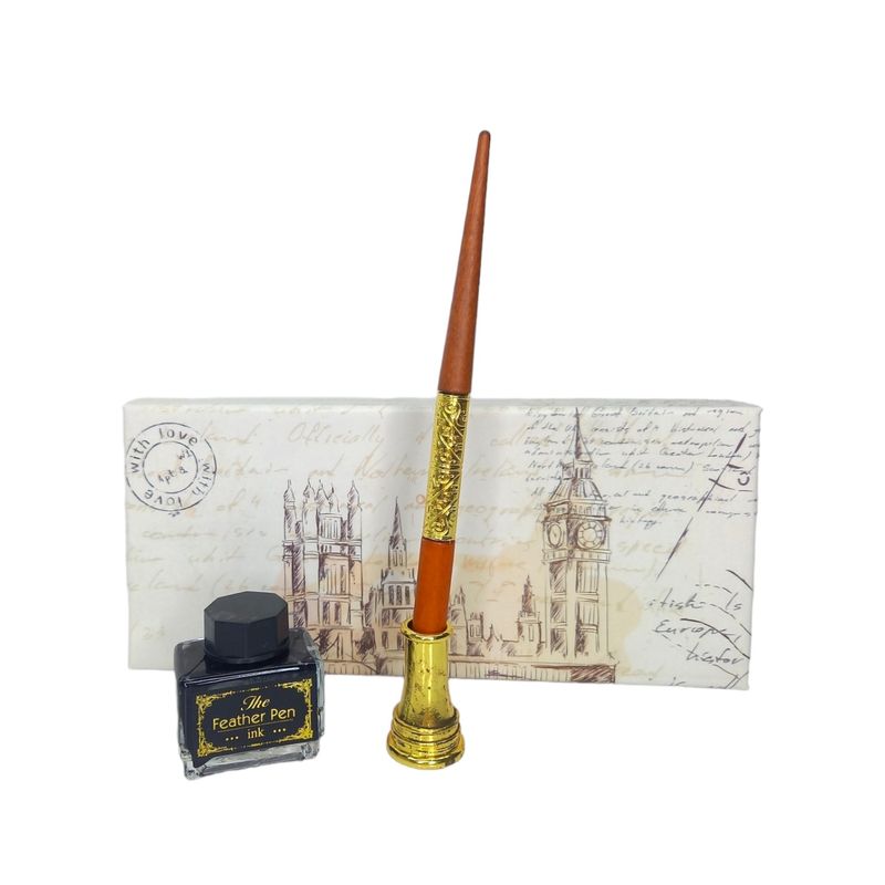 Carti si Birotica - Birotica - Instrumente de scris - Pixuri si stilouri - Set stilou caligrafie din lemn, cu 5 penite, calimara de cerneala si suport pentru birou - Infinity.ro