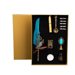 Carti si Birotica - Birotica - Instrumente de scris - Pixuri si stilouri - Set stilou cu pana culoare albastra cu ornamente metalice, Ceara pentru Sigiliu, Stampila, Lingurita, 5 Penite si Suport - Infinity.ro