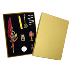 Carti si Birotica - Birotica - Instrumente de scris - Pixuri si stilouri - Set stilou cu pana rosie cu ornamente metalice, Ceara pentru Sigiliu, Stampila, Lingurita, 5 Penite si Suport - Infinity.ro