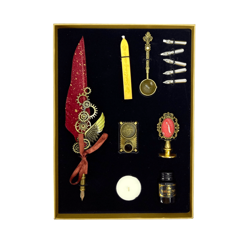 Carti si Birotica - Birotica - Instrumente de scris - Pixuri si stilouri - Set stilou cu pana rosie cu ornamente metalice, Ceara pentru Sigiliu, Stampila, Lingurita, 5 Penite si Suport - Infinity.ro