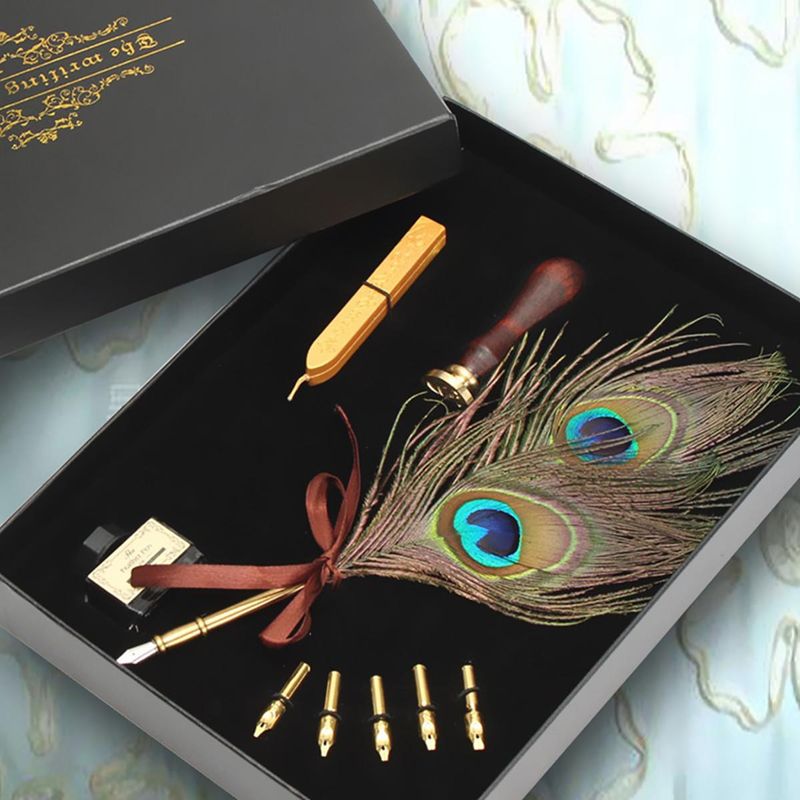 Carti si Birotica - Birotica - Instrumente de scris - Pixuri si stilouri - Set stilou cu pana de paun, calimara, ceara cu sigiliu si 5 penite - Infinity.ro