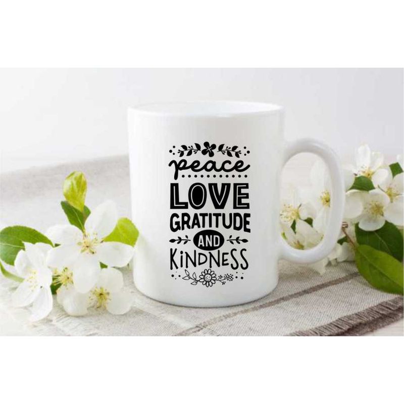 Casa si Gradina - Bucatarie si vesela - Cani si pahare - Cani si cesti - Cana cu mesaj "Peace Love Gratitude and Kindness" 300 ml - Infinity.ro