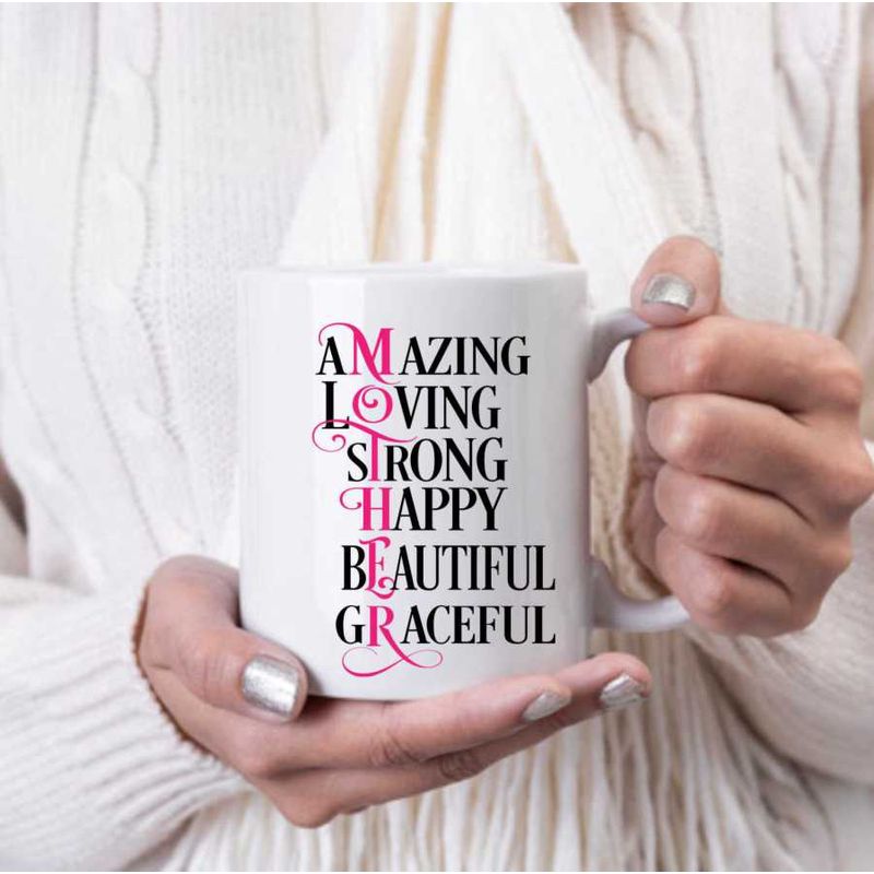 Casa si Gradina - Bucatarie si vesela - Cani si pahare - Cani si cesti - Cana cu mesaj - Mother scribble text: Amazing, Loving, Strong, Happy, Beautiful, Graceful, 300 ml - Infinity.ro
