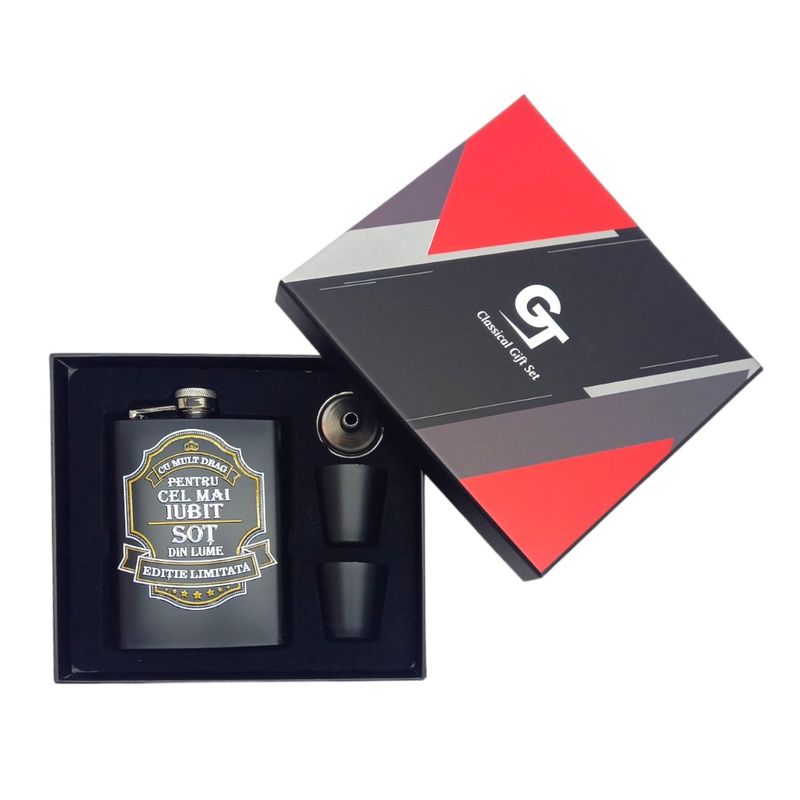 Market - Cadouri - Cadouri personalizate - Set plosca "Pentru cel mai iubit sot din lume", 235 ml - Infinity.ro