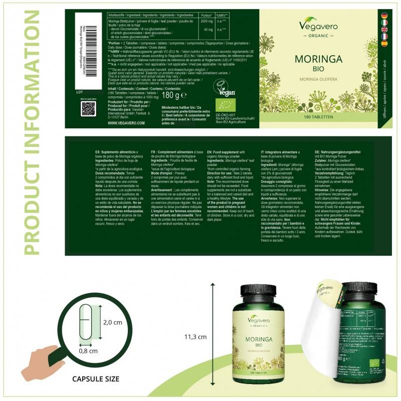 Ingrijire personala si Cosmetice - Sanatate si wellness - Suplimente alimentare - Vitamine si minerale - Moringa Oleifera Organic 1000 mg 180 Tablete, Vegavero - Infinity.ro
