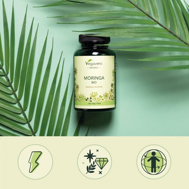 Ingrijire personala si Cosmetice - Sanatate si wellness - Suplimente alimentare - Vitamine si minerale - Moringa Oleifera Organic 1000 mg 180 Tablete, Vegavero - Infinity.ro