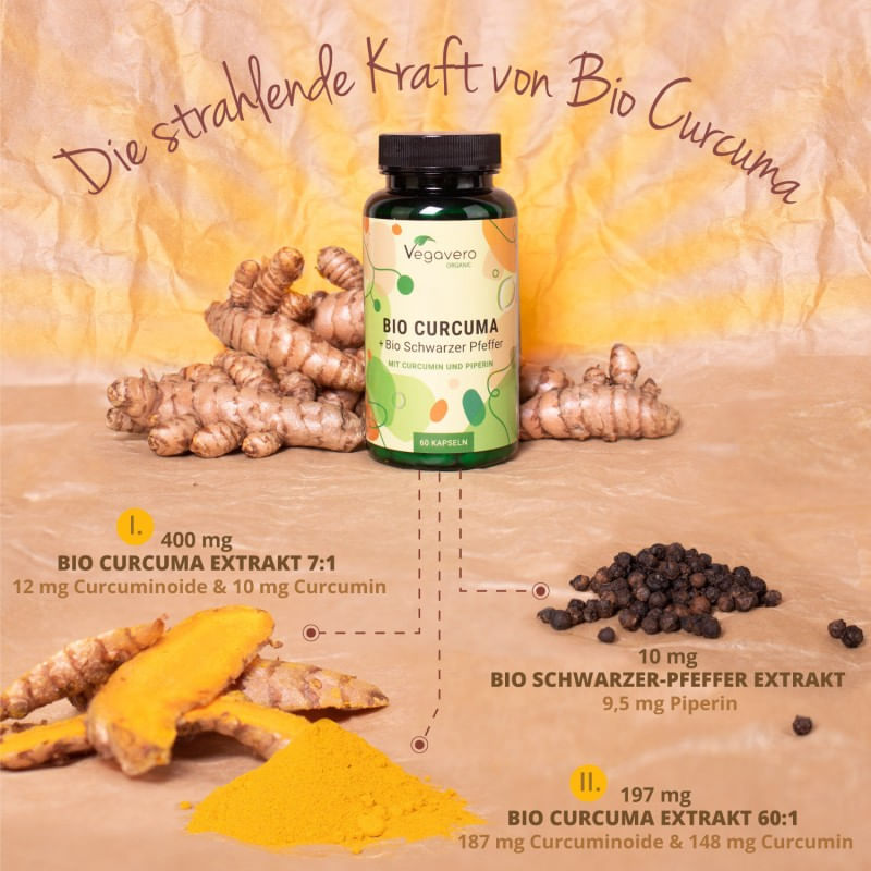 Ingrijire personala si Cosmetice - Sanatate si wellness - Suplimente alimentare - Vitamine si minerale - Vegavero Curcumina + Piperina Organic 60 Capsule - Infinity.ro