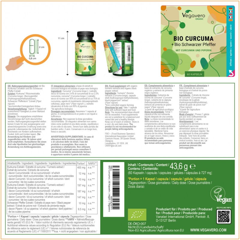 Ingrijire personala si Cosmetice - Sanatate si wellness - Suplimente alimentare - Vitamine si minerale - Vegavero Curcumina + Piperina Organic 60 Capsule - Infinity.ro