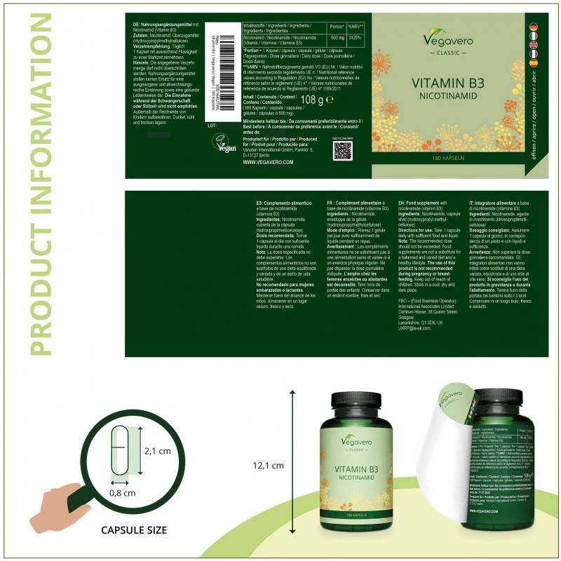 Ingrijire personala si Cosmetice - Sanatate si wellness - Suplimente alimentare - Vitamine si minerale - Vegavero Nicotinamide (Vitamin B3) 500 mg, 180 Capsule - Infinity.ro