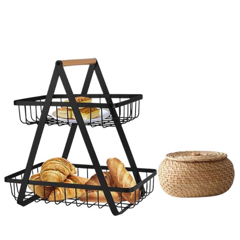 Casa si Gradina - Bucatarie si vesela - Ustensile bucatarie - Cosuri servire - Cos de fructe decorativ, Metal, 2 etaje, Negru - 300 x 200 x 100 mm - Infinity.ro