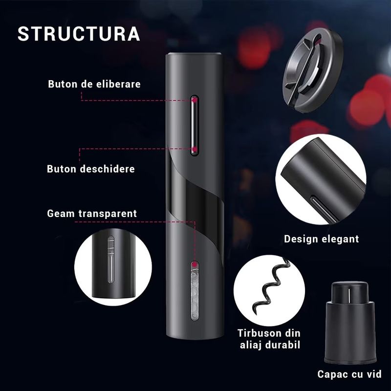 Casa si Gradina - Bucatarie si vesela - Accesorii bar - Tirbusoane si dopuri - Set tirbuson electric 4 in 1,Premium,Multifunctional, Negru - Negru - Infinity.ro