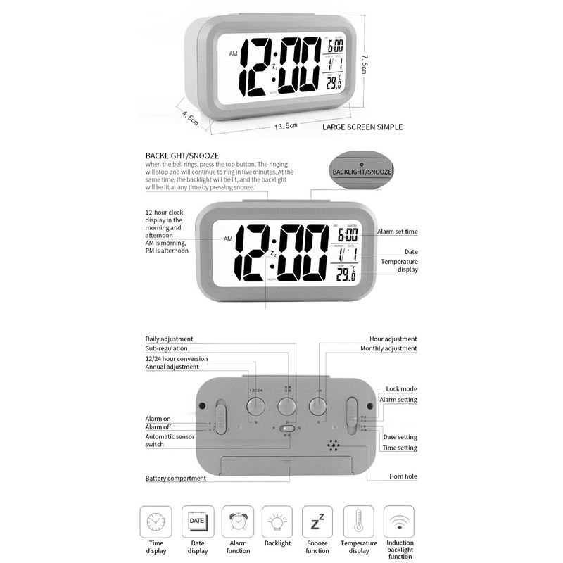 Casa si Gradina - Decoratiuni - Ceasuri - Ceas Digital cu Afisaj LED Data/Ora/Temperatura, Alarma, Alb - 75 x 130 x 45 mm - Infinity.ro