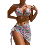 Fashion, accesorii si bijuterii - Femei - Lenjerie si pijamale femei - Costume de baie femei - Costum de baie dama, Ava-Stars ®, Sutien ajustabil si slip decupaj brazilian, Fusta tip esarfa, 3 piese, L, Verde Floral - Infinity.ro