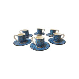 Set cafea turceasca ceramica, pictat manual, 12 piese, albastru inchis cu flori, EHA