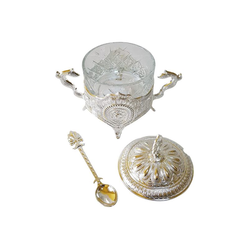 Casa si Gradina - Bucatarie si vesela - Vesela si tacamuri - Vesela pentru servire - Zaharnita din sticla elegant cu capac si lingurita, 200 ml, 10 x 14.5 cm, Busem - Argintiu - Infinity.ro