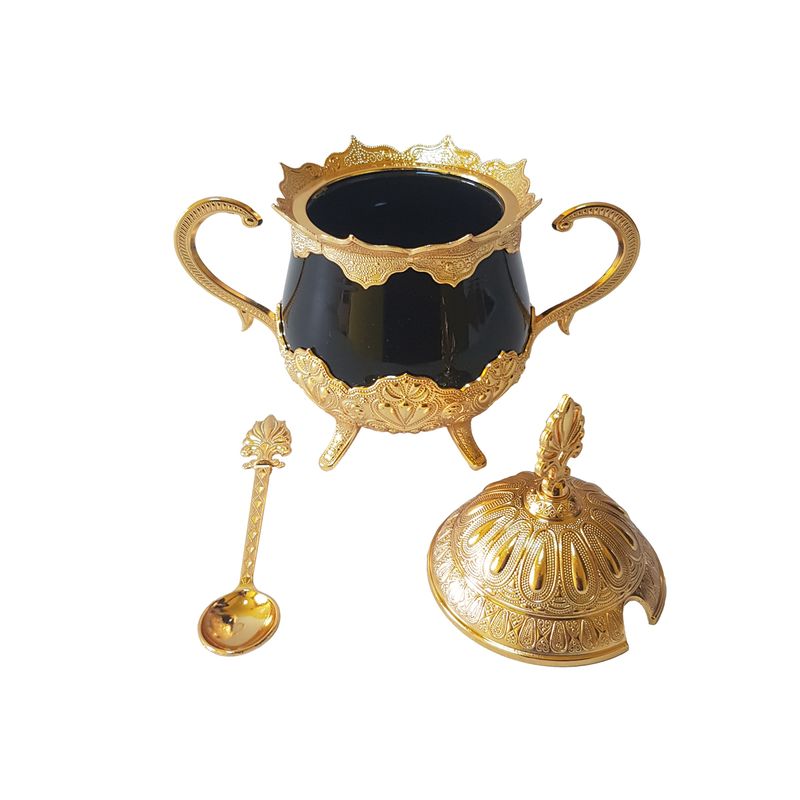 Casa si Gradina - Bucatarie si vesela - Vesela si tacamuri - Vesela pentru servire - Zaharnita deosebita cu capac si lingurita, Busem, 16x16 cm, auriu cu negru - Infinity.ro