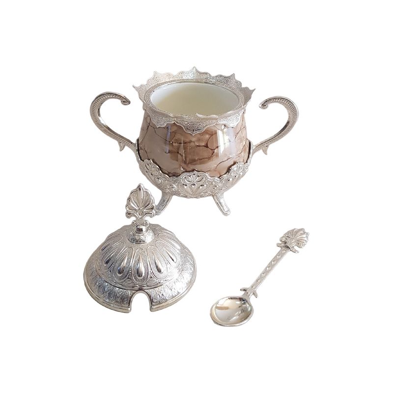 Casa si Gradina - Bucatarie si vesela - Vesela si tacamuri - Vesela pentru servire - Zaharnita deosebita cu capac si lingurita, Busem, 16x16 cm, argintiu cu maro - Infinity.ro