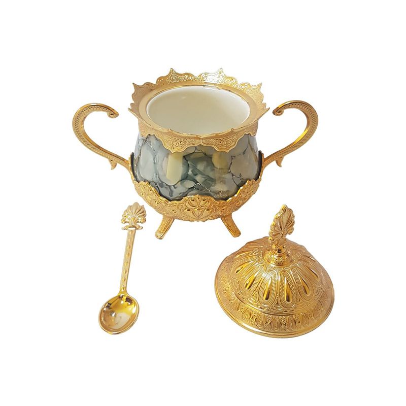 Casa si Gradina - Bucatarie si vesela - Vesela si tacamuri - Vesela pentru servire - Zaharnita deosebita cu capac si lingurita, Busem, 16x16 cm, auriu cu gri - Infinity.ro