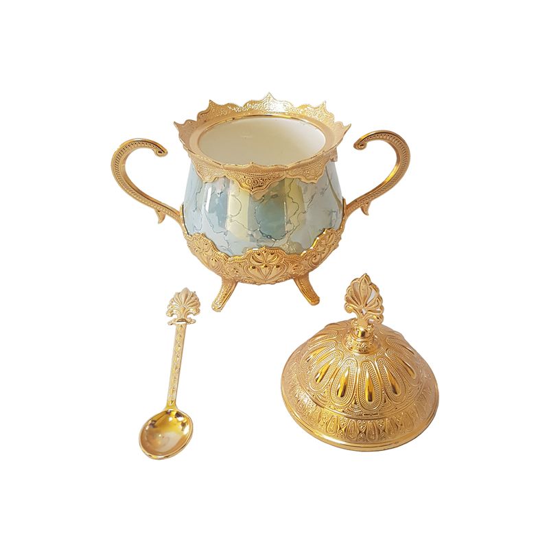 Casa si Gradina - Bucatarie si vesela - Vesela si tacamuri - Vesela pentru servire - Zaharnita deosebita cu capac si lingurita, Busem, 16x16 cm, auriu cu albastru - Infinity.ro