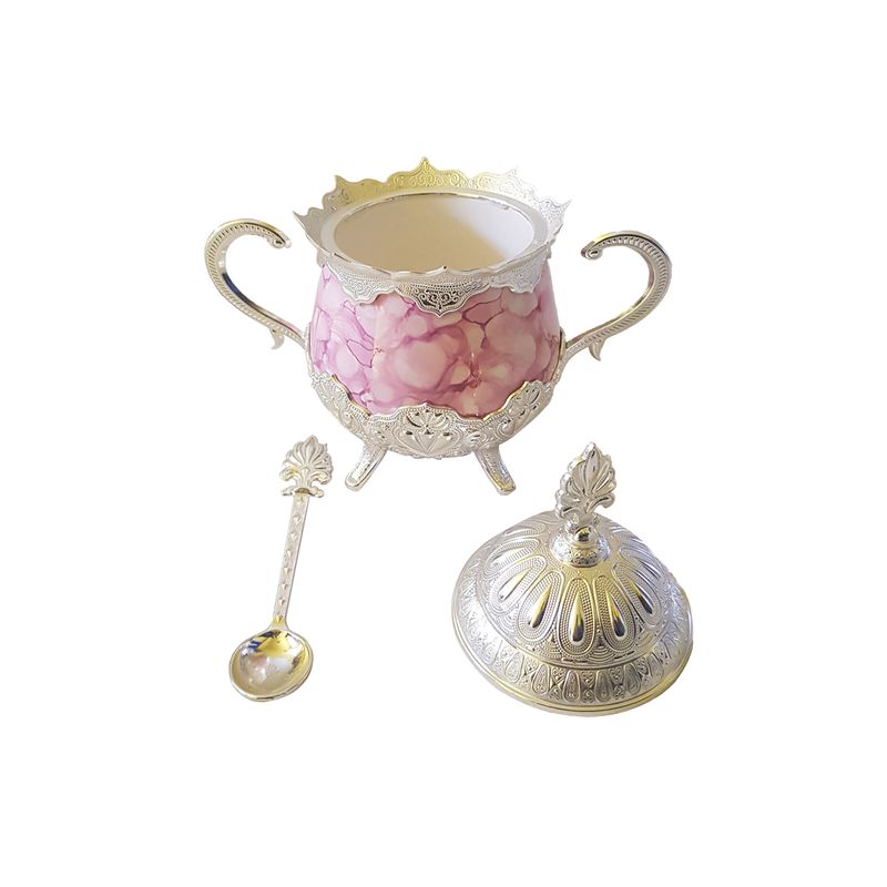 Casa si Gradina - Bucatarie si vesela - Vesela si tacamuri - Vesela pentru servire - Zaharnita deosebita cu capac si lingurita, Busem, 16x16 cm, argintiu cu roz - Infinity.ro