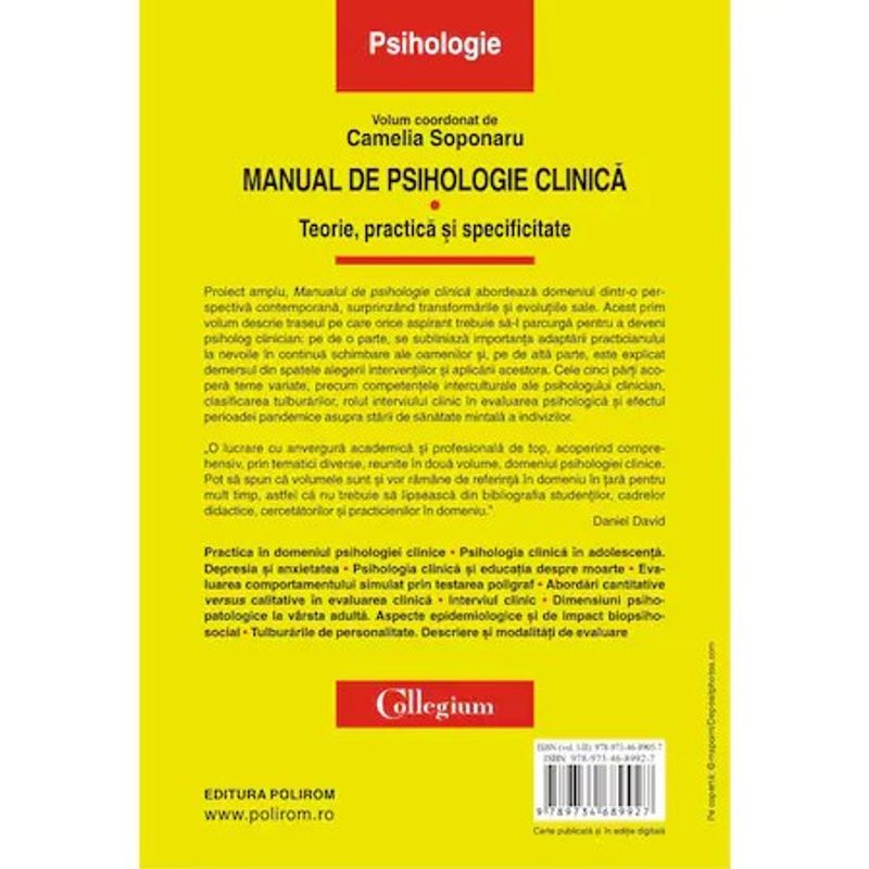 Carti si Birotica - Carti - Psihologie - Manual de psihologie clinica, Volumul I. Teorie, practica si specificitate, Camelia Soponaru - Infinity.ro