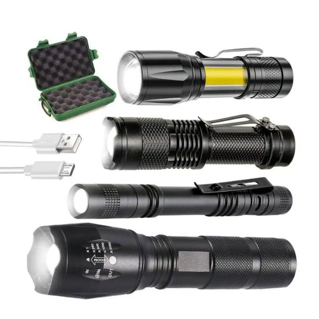 Set 4 Lanterne Tactice LED, Reincarcabile USB, Focus Ajustabil - Negru