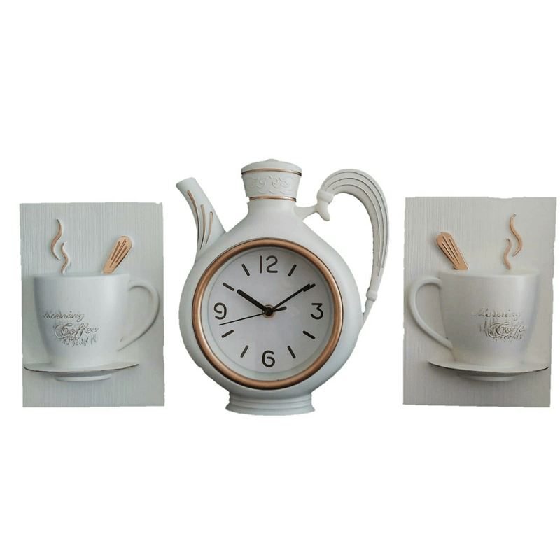 Casa si Gradina - Decoratiuni - Ceasuri - Ceas perete bucatarie, din 3 piese, ceainic si cesti, vintage, bej/crem - Infinity.ro