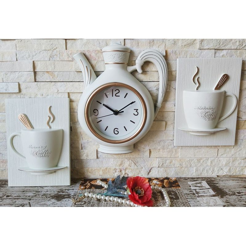 Casa si Gradina - Decoratiuni - Ceasuri - Ceas perete bucatarie, din 3 piese, ceainic si cesti, vintage, bej/crem - Infinity.ro