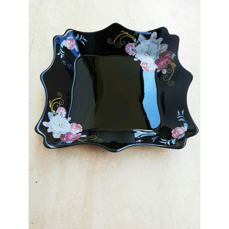 Casa si Gradina - Bucatarie si vesela - Vesela si tacamuri - Farfurii si boluri - Set 6 farfurii, negre, opal, adanci, patrate, adanci, 20cm, decor floral trandafiri - Infinity.ro
