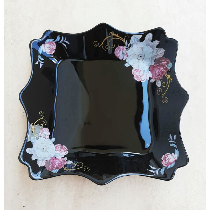 Casa si Gradina - Bucatarie si vesela - Vesela si tacamuri - Farfurii si boluri - Set 6 farfurii, negre, opal, adanci, patrate, adanci, 20cm, decor floral trandafiri - Infinity.ro