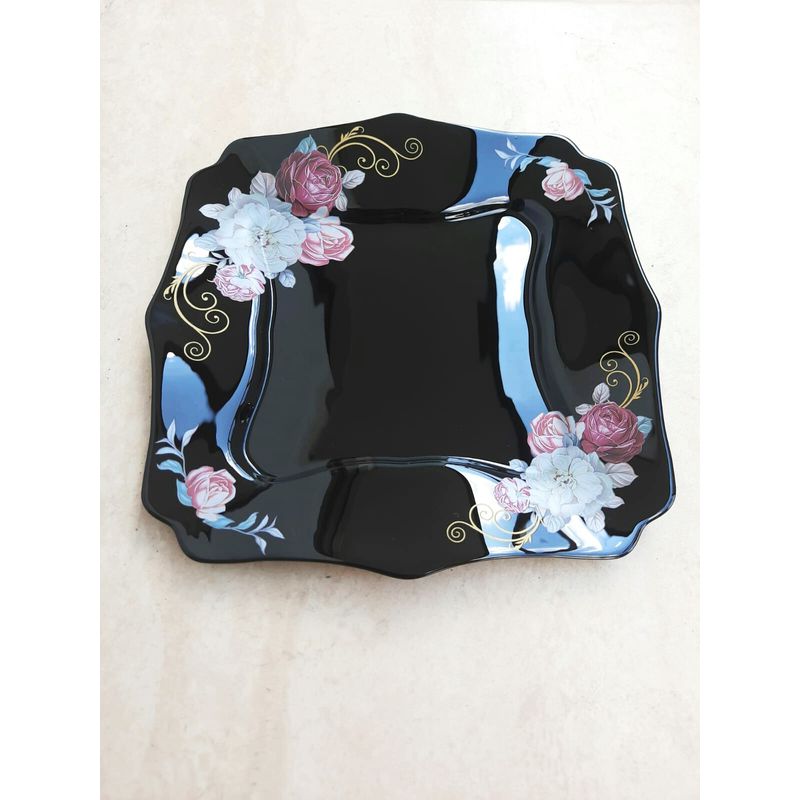 Casa si Gradina - Corpuri si surse de iluminat - Plafoniere, aplice si spoturi - Set 6 farfurii, negre, intinse mari, patrate, opal, adanci, 25cm, decor floral trandafiri - Infinity.ro