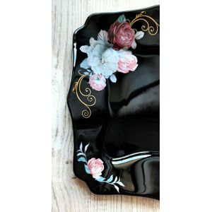 Set 6 farfurii, negre, intinse mari, patrate, opal, adanci, 25cm, decor floral trandafiri