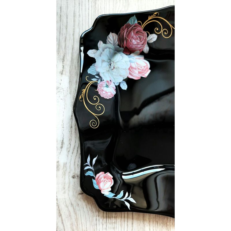 Casa si Gradina - Corpuri si surse de iluminat - Plafoniere, aplice si spoturi - Set 6 farfurii, negre, intinse mari, patrate, opal, adanci, 25cm, decor floral trandafiri - Infinity.ro