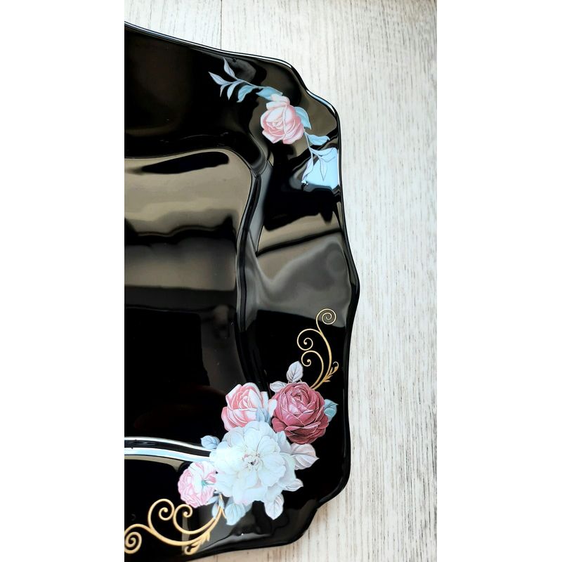 Casa si Gradina - Corpuri si surse de iluminat - Plafoniere, aplice si spoturi - Set 6 farfurii, negre, intinse mari, patrate, opal, adanci, 25cm, decor floral trandafiri - Infinity.ro